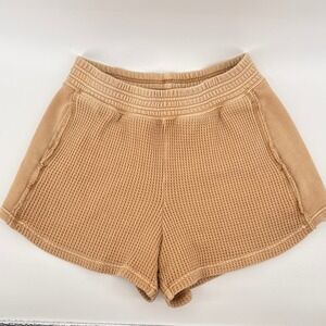 Aerie Tan Waffle Knit Shorts High Waisted Side Pockets Small Beach Lounge Camel